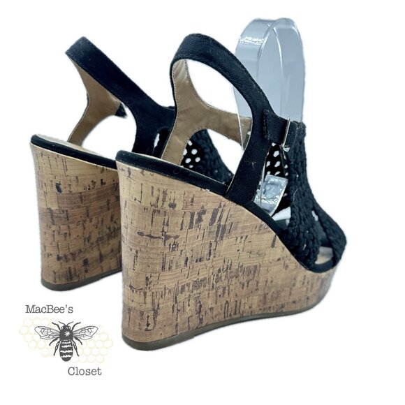 SO Taffy Wedge Heel Sandals Women's Woven Peep Toe With Cork Heel Size 8.5 Black - Picture 5 of 14